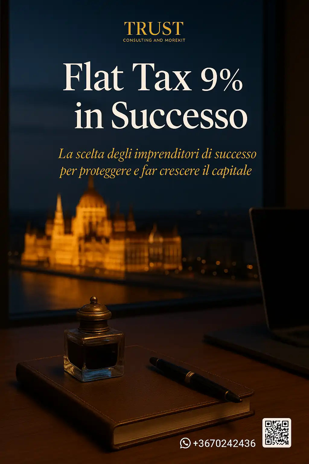Un annuncio professionale per una tassa piatta del 9%, con una skyline della città, un quaderno e un calamaio.