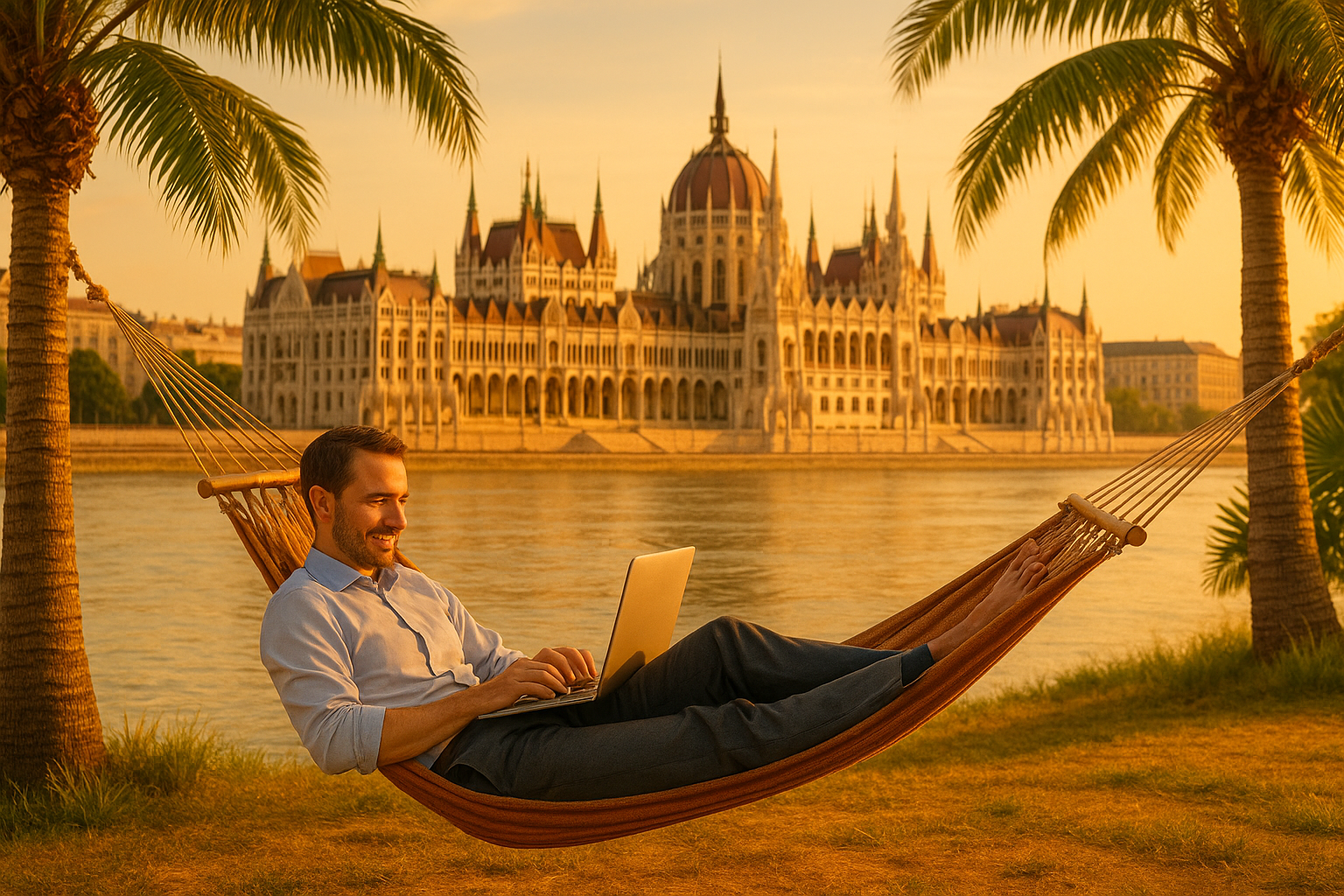 Un manager al lap top sulle rive del
Danubio sdraiato su un amaca tenuta tra 2 palme con visuale sul parlamento di Budapest