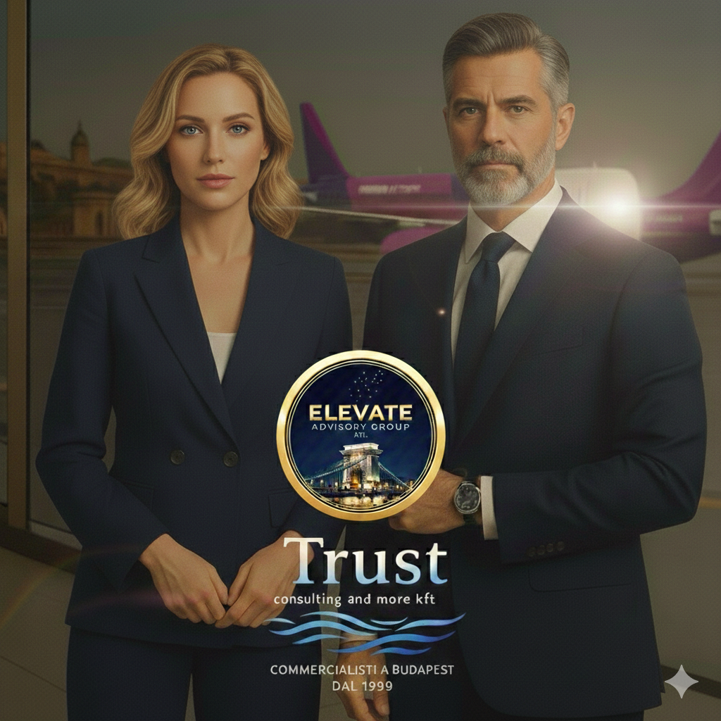 Due consulenti professionali in abiti eleganti, sfondo aeroporto, logo Elevate Advisory Group, commercialisti a Budapest.