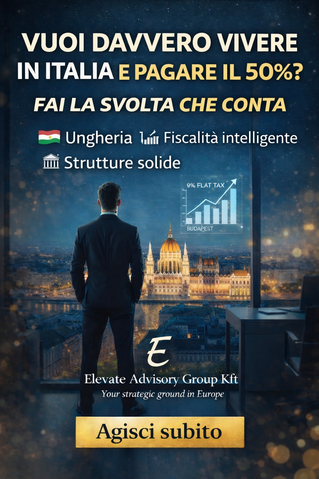 Immagine di uomo in ufficio che guarda il Parlamento di Budapest, testo su tassazione in Ungheria e fiscalità intelligente.