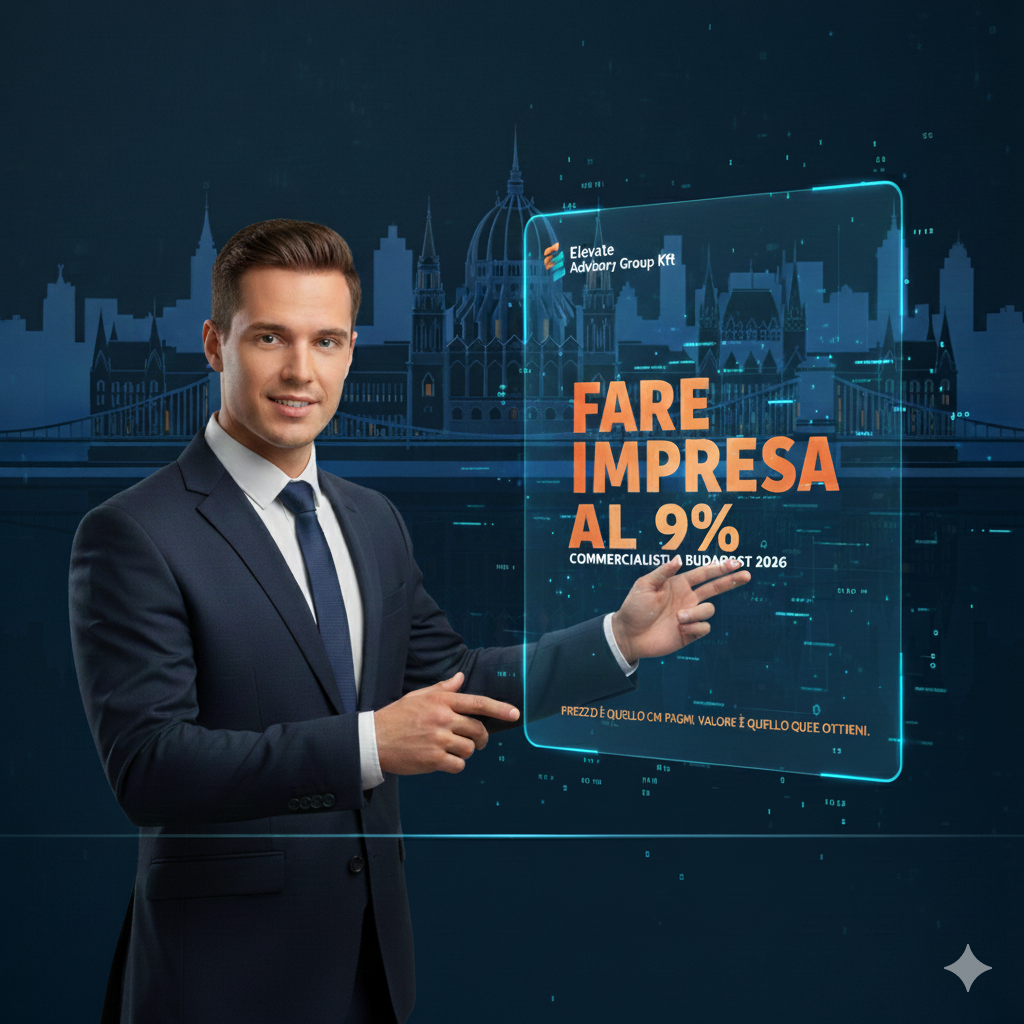 Uomo in abito business indica un pannello con testo su tassazione al 9% a Budapest, sfondo città.