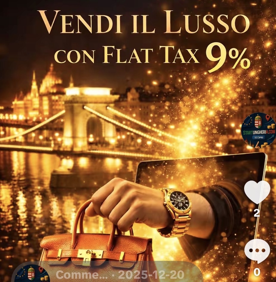 Mano con orologio di lusso e borsa arancione davanti al Ponte delle Catene a Budapest, promozione flat tax 9%.