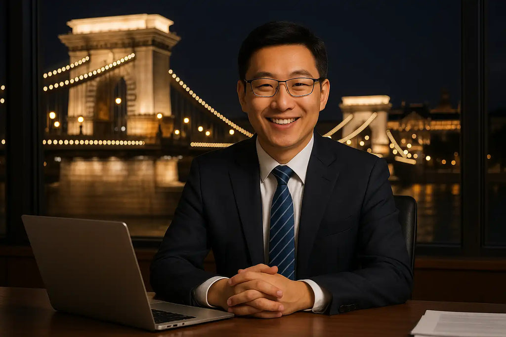 Uomo d'affari asiatico sorridente.