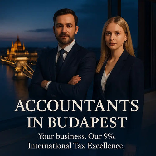 Una coppia di individui vestiti in modo professionale con abiti scuri blu navy si erge con sicurezza contro uno sfondo che presenta il profilo illuminato di Budapest.
