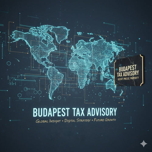 Mappa digitale del mondo con testo 'Budapest tax advisory', consulenza fiscale internazionale.