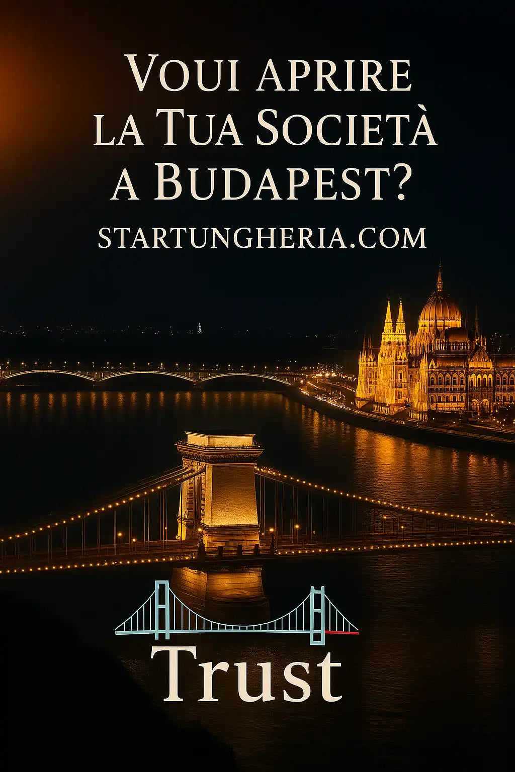 Una vista notturna del Ponte delle Catene illuminato e dell'edificio del Parlamento a Budapest, Ungheria.