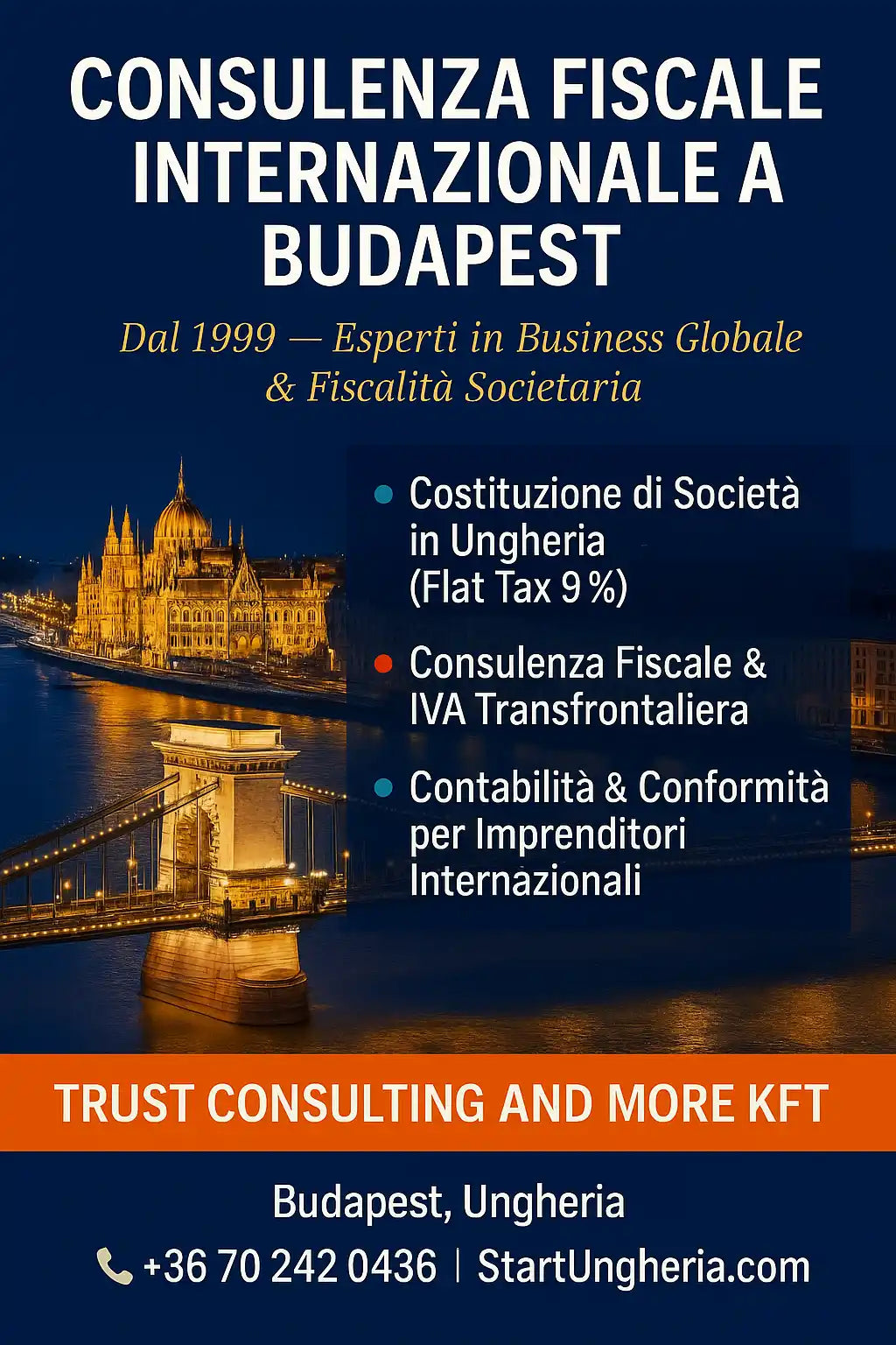 Un annuncio per servizi di consulenza fiscale internazionale a Budapest.