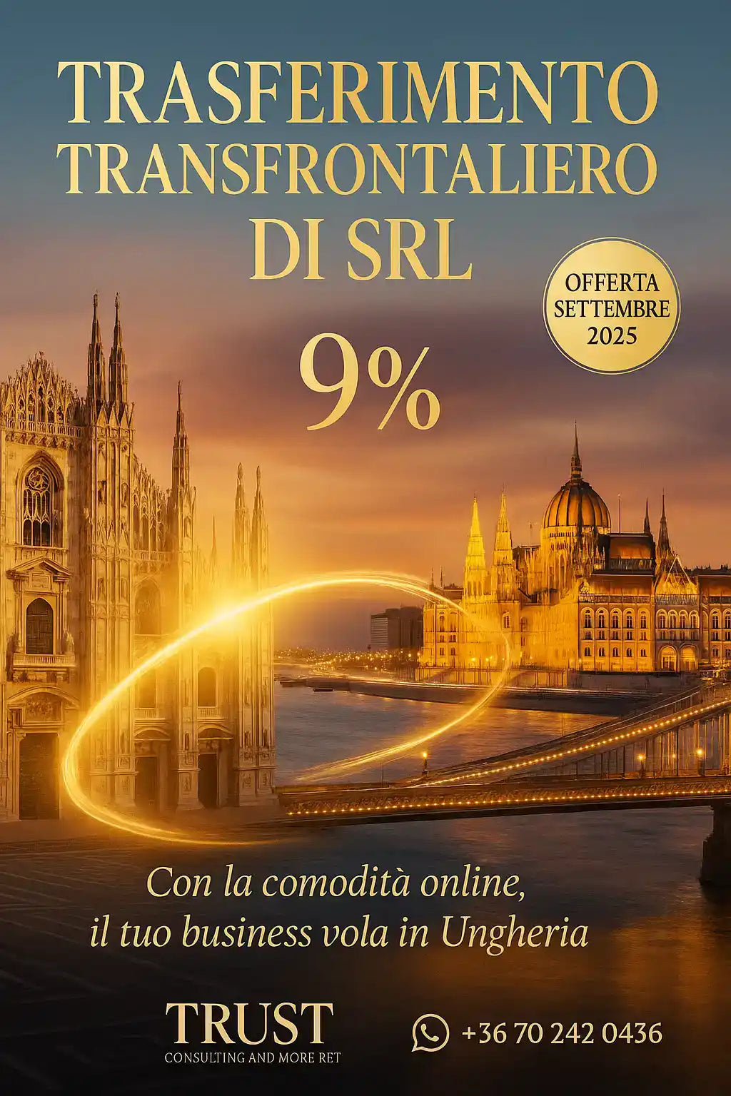 Un annuncio per il trasferimento transfrontaliero di una società SRL in Ungheria, con un'offerta del 9% valida fino a settembre 2025.