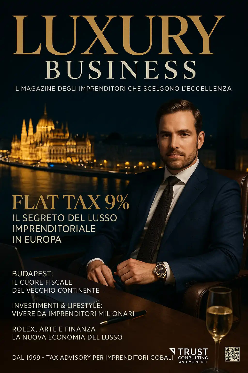Copertina di rivista per “Luxury Business” con un uomo in giacca con lo sfondo di uno skyline cittadino di notte.